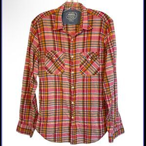 J Crew Shirt Mens Medium red Orange Plaid Madras Long Sleeve Cotton Casual